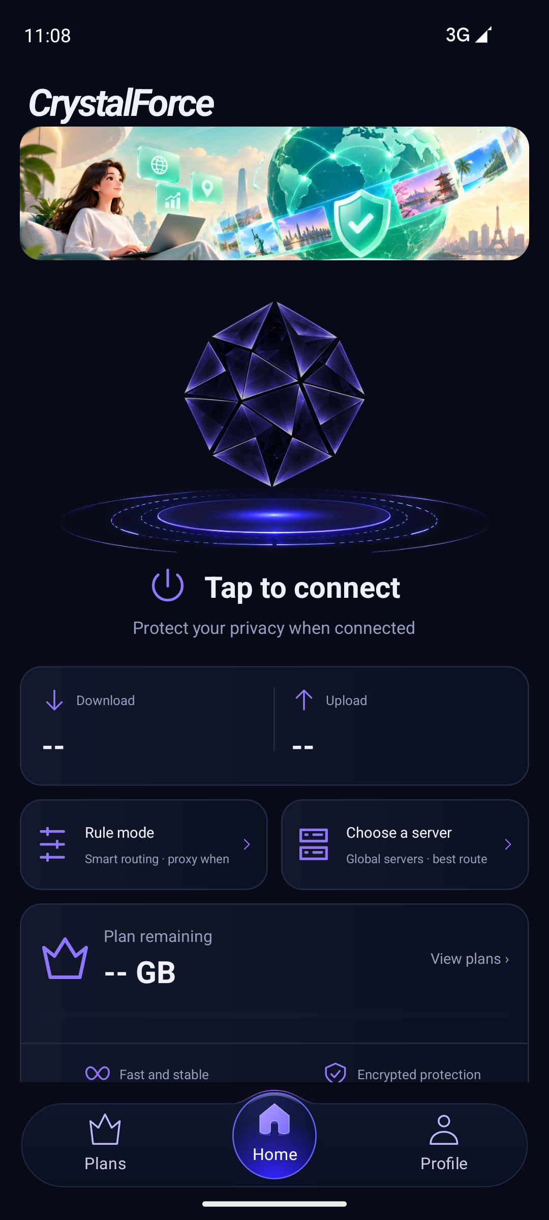 CrystalForce App 当前首页,显示水晶连接入口、线路选择和规则模式